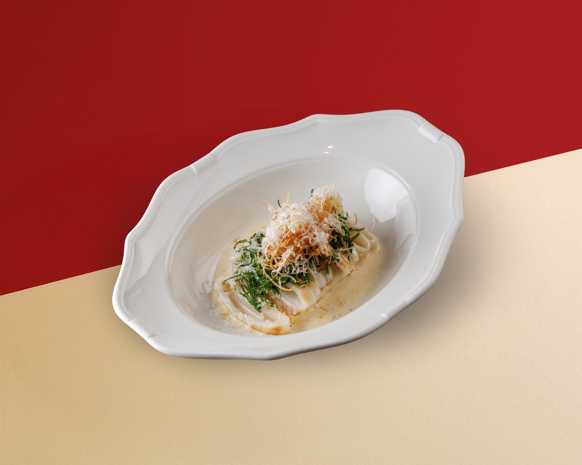 Кальмар с полентой и копченым пармезаном